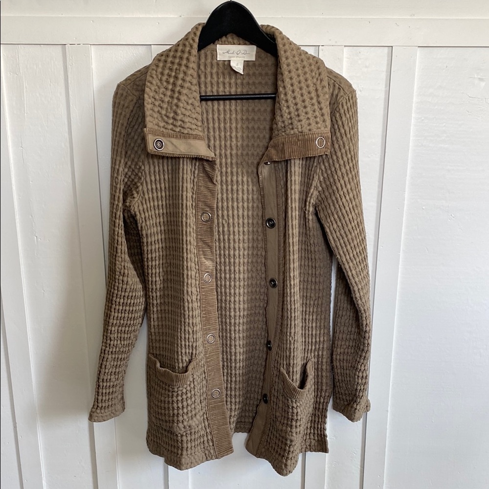 Mod-O-Doc Waffle Knit Long Button Down Green 100% Cotton Cardigan Sz Small